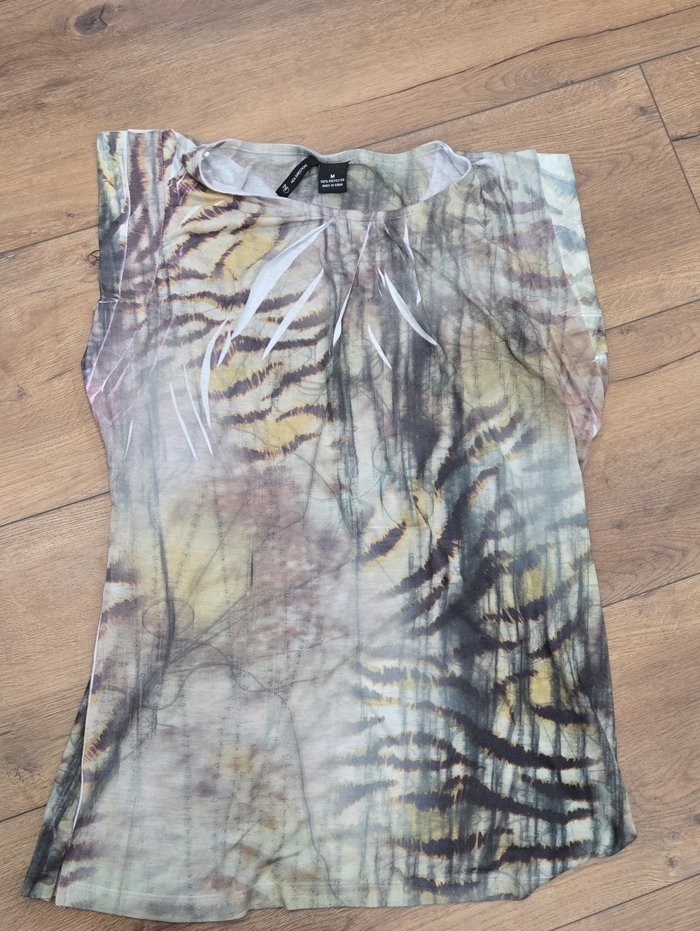new directions Sheer Tiger-Print Cap Sleeve Tunic in Yellow and Gray